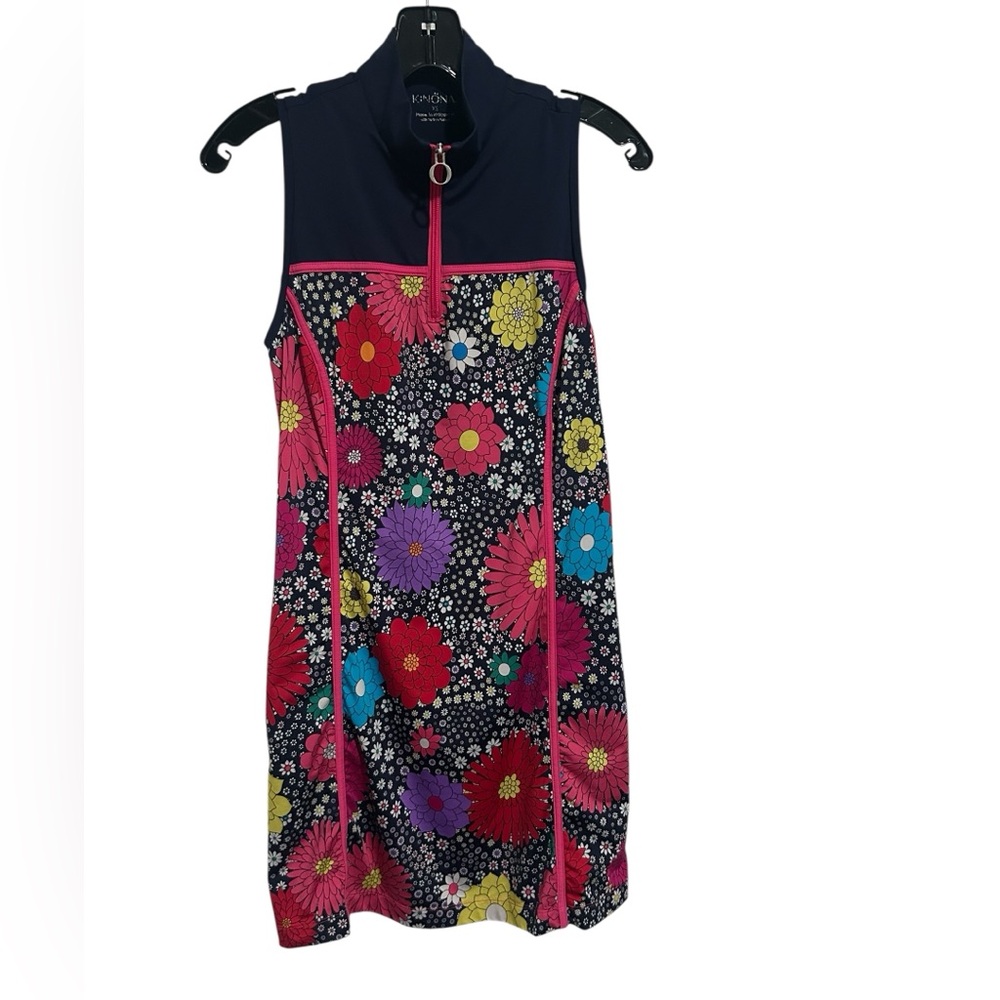 Kinona Golf Dress Large Italian Fabric 1/4 Zip Front Pockets Navy Floral